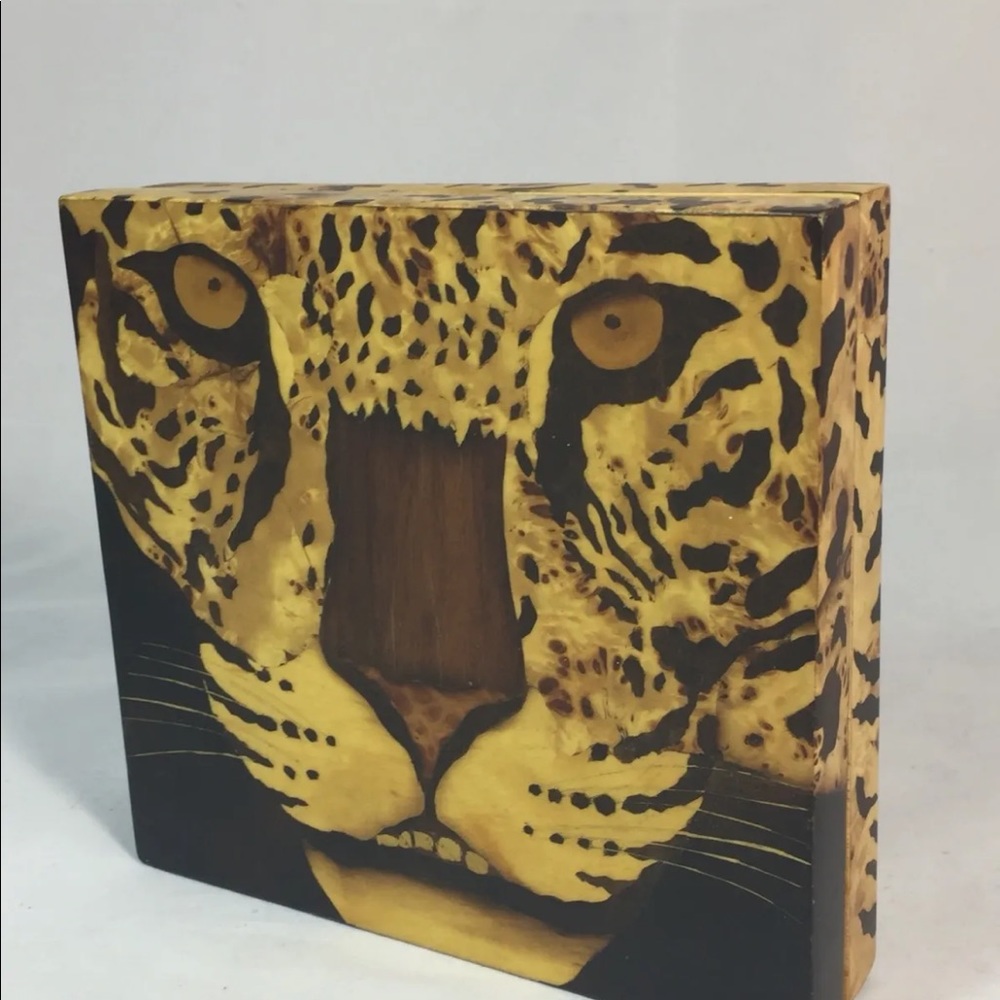 New Handmade Minaudière Wood Hand Painted Tiger Safari Brown Square Gold Chain - Picture 12 of 12